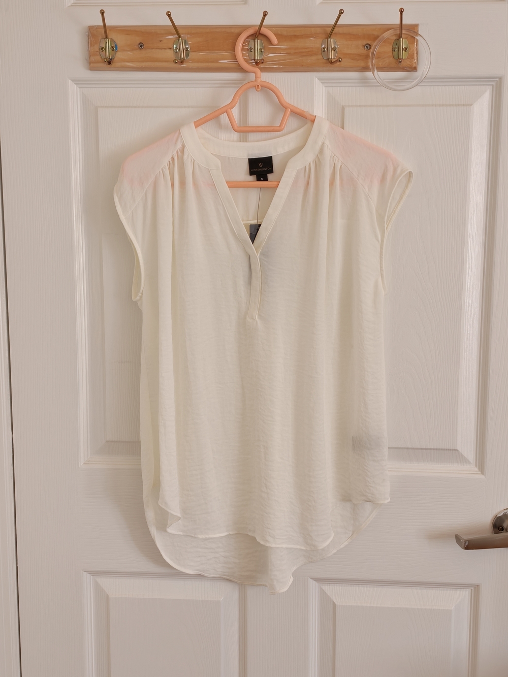 Worthington Semi-Sheer Ivory Split V-Neck Cap Sleeve Blouse Hi-Lo Curved Hem S
